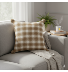 Woven Plaid Sofa Pillow Cover with Pom Pom Decoration - 45x45 cm, Cotton, Holiday Vibe Cushion